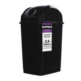Superio Small 2.5 Gallon Plastic Trash Can with Swing Top Lid, Compact Slim Waste Bin for Under Desk, Office, Bedroom, Bathroom, Dorm Room, 10 Qt. Portable Garbage Can (Black)
