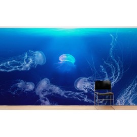 Jellyfish Floating Underwater Wall Mural. Deep Blue Ocean/Aquarium Theme Peel and Stick Wallpaper. #6405 (Small Sample to Try)