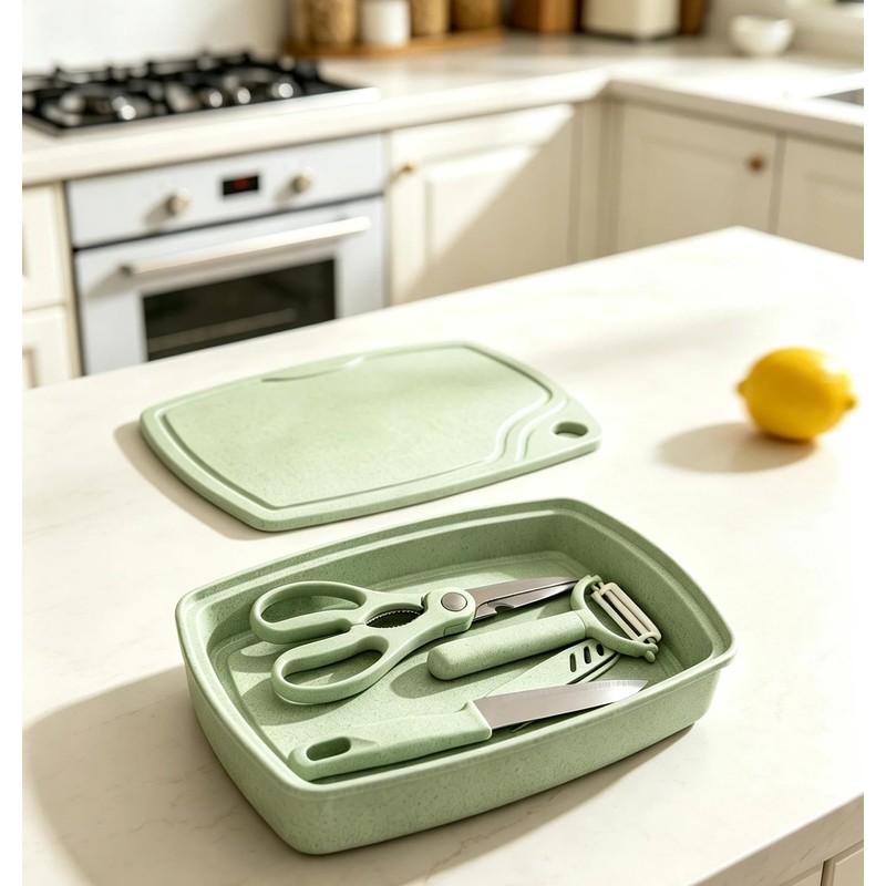 5-in-1 Cutting Board, Knife, Peeler, Scissors and Tray Set/Travel, Camping/Outdoor,