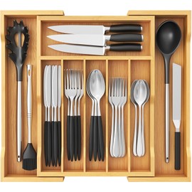 Lifewit Organizador de Cubiertos para Cocina, Bandeja de Bambú para Cajon, Almacenamiento Ajustable de Madera para Cucharas, Tenedores y Cuchillos, Extensible de 33 a 57 cm, Natural