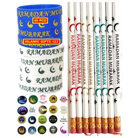 Ramadan Mubarak 49 Pcs-Pencils-Wristbands Stickers(200) Kids Favorite Eid Favors Arabic Novelty Moroccan Egyptian Lantern Stickers Islamic Muslim Quran Gifts (Ramadan)