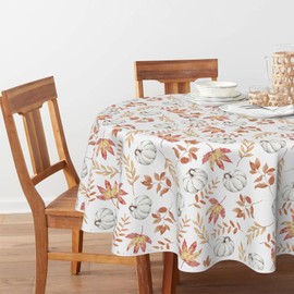 Horaldaily Fall Tablecloth 70x70 Inch Round, Thanksgiving Autumn Harvest White Pumpkin Orange Leaf Table Cover for Party Picnic Dinner Decor
