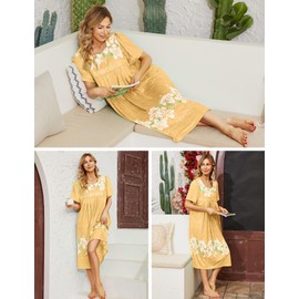 Bloggerlove Nightgown for Women Hawaiian Muumuu House Dress Print Lounger Patio Dress with Pockets Moomoo, Yellow, Small