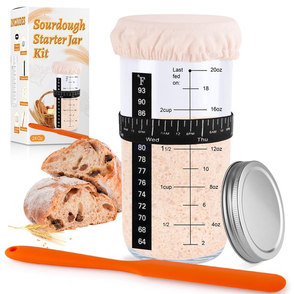 NEOBELLA Sourdough Starter Kit, 24 oz Sourdough Starter Jar with Thermometer, Feeding Date Band, Scraper, Cloth Cover, and Metal Lid. Sourdough Baking
