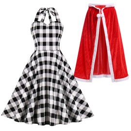 OBEEII Cindy Lou Who Costume Women Sleeveless Halter Plaid Christmas Dresses with Velet Cape Family Matching Outfits for Christmas Mrs. Santa Claus Cosplay Xmas Party Black(Adult) XL