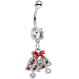 Body Candy Steel Clear Accent Red Bow Rind Ding Ding Christmas Bells Dangle Belly Ring