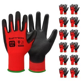 Safety Work Gloves PU Coated, 12 Pairs Seamless Knit Gloves with Polyurethane Coating Working Gloves Excellent Grip for Men & Women, Breathable, Ideal for General Duty Work DIY (Red, Large)