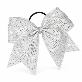 White Cheer Bow, Glitter Shimmer Shiny Rhinestones Cheerleading Hair Bow with Elastic Ponytail Holder Hair Band for Cheerleaders College Sports
