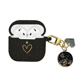 AIIEKZ Compatible with AirPods 4 Cover 2024, Soft Silicone with Gold Heart Pattern for AirPods 4th Generation Case with Cute Pendant Keychain for Girls Women (Glitter Black)