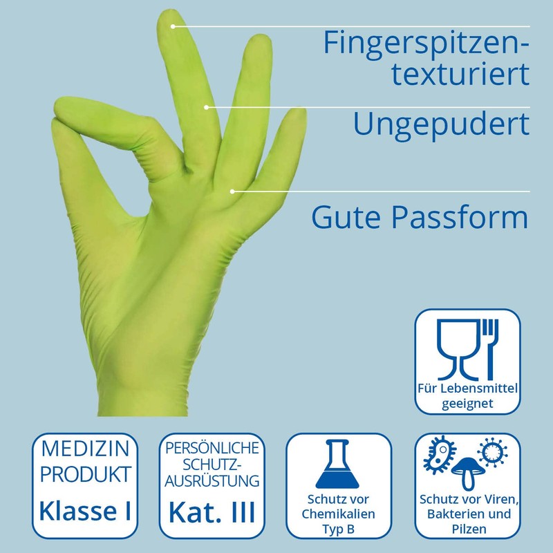 Med-Comfort Apple Nitrile Gloves, Apple Green, Size L, Powder-Free, Nitrile