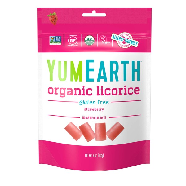 YumEarth Organic Gluten Free Strawberry Licorice, 5 Ounce, 6 pack- Allergy Friendly, Non GMO, Vegan (Packaging May Vary)
