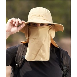 SZETOSY Wide Brim Mesh Sun Hat Removable Neck and Face Flap UPF 50 UV Protection Unisex Outdoor Hat for Cycling Fishing Hiking Boating Gardening, khaki