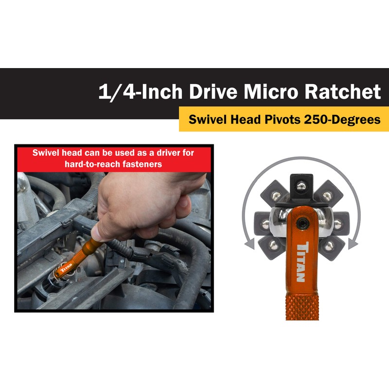 TITAN 11322 1/4 in. Aluminum Swivel Head Micro Ratchet, Orange