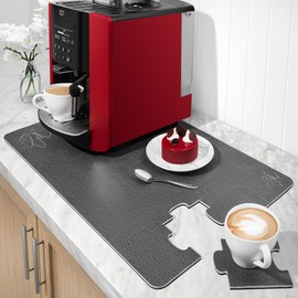 Extra Large Coffee Mat w/Unique Detachable Jigsaw Coasters | 23.5”x15.5” | Super Absorbent, Non-Skid, Anti-Scratch Coffee Maker Mat for Countertops | Coffee Bar Mat | Kitchen Decor and Accessories