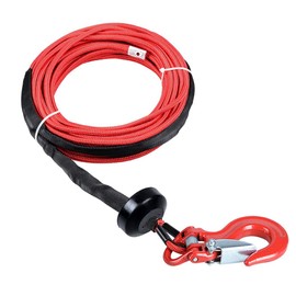 Red Kit 50' x 1/4" 7000 LB Synthetic Nylon Winch Rope Line Cable + Forged Steel Clevis Slip Tow Hook w/Safety Latch + Black Rubber Stopper ATV UTV