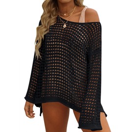 ZESICA Women's Summer Crochet Hollow Out Long Sleeve Beach Bikini Swimsuit Mesh Cover Up Tunic Top,Black,Small