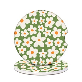 Vintage Groovy Flowers Cup Holders Car Coasters - Retro Absorbent Ceramic Coaster, Drink Cup Holder Coasters, Auto Accessories for Women & Men, Pack of 2