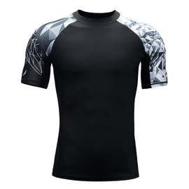 HUGE SPORTS Men's Short-Sleeved Splice Skins Rash Guard Shirt Swimming Shirt Rash Vest for Swimming Surfing, Eagle