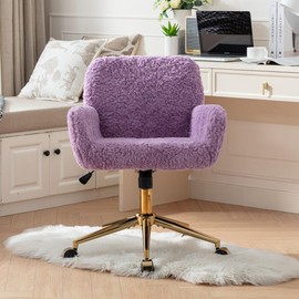 Goujxcy Furry Office Chair Fuzzy Swivel Desk Chair, Faux Fur Home Office Chair Teddy Fabric Upholstered Makeup Vanity Chair, Height Adjustable Rolling Desk Chair for Bedroom Girls Women (Violet)