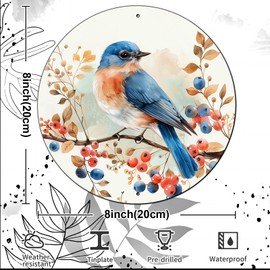 macago Vintage Blue Bird Watercolor Round Metal Sign Bird Sign Farmhouse Rustic Wreath Wall Decoration for Indoor Outdoor Home Porch Window Decor 8 Inch