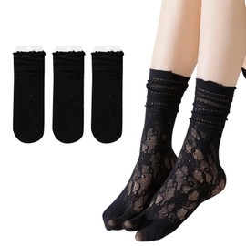 RuiChy Women's Lace Tabi Socks, 3 Pairs Socks, 2 Toe Socks, Crew Socks, Cute, Transparent Embroidery, Thin, Breathable, One Size Fits Most, Summer, Work or School, Black, Free size