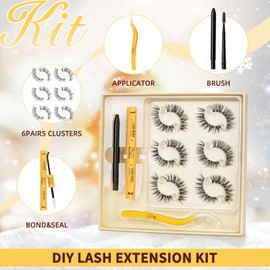 QUEWEL Cluster Lashes Kit 6 Pairs Eyelash Clusters Natural Look, DIY Lash Extension Kit with Applicator, Brush, and Bond&Seal, Cluster Lashes Kit for Gift and Personal Use(Glam 01)