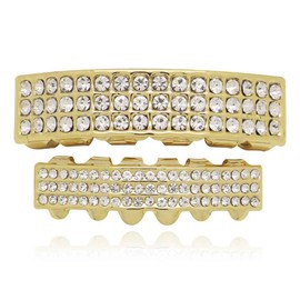 Psivika 3 Rows Diamond Grills Gold Plated Shiny Hip Hop Teeth Grillz Caps Iced Out CZ Top and Bottom Vampire Fangs Grillz for Men and Women (Gold)