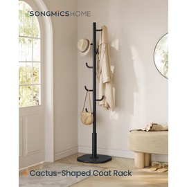 SONGMICS HOME Cactus-Shaped Coat Rack, Freestanding Coat Tree, Coat Hanger Stand with 8 Sturdy Hooks, with Curved Ends, for Clothes, Hats, Bags, Ink Black URCR039B01