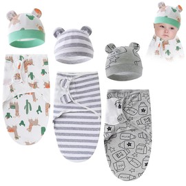 3 Sets Baby Swaddle Sleep Sack with Hat Set, Soft Baby Swaddling Blankets Cute Baby Swaddling Blankets for 0-3 Months