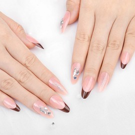 Sethexy Short Almond Nails Press On Brown French Tip Nude False Nails Rhinestone False Nails Glitter Crystal Glued Nails for Women and Girls Pack of 24