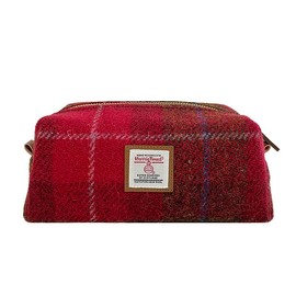 TAILORMAP Harris Tweed Wool Cosmetic Bag, Large Capacity Scottish Tartan Handmade Makeup Organizer, Stain-Resistant Travel Toiletry Pouch for Women (Red)