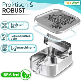 TAKWAY Children's Stainless Steel Lunch Box with Compartments, 800 ml, Leakproof Bento Box, Adjustable, Snack Box, Lunch Box, Nursery, School (Truck, Divider)