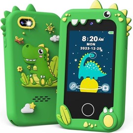 KOKODI Toy Smart Phone for Kids, Smart Phone Toys with Dual Camera, Phone Toys with Learning Games, Travel Toys with MP3 Music Player for Birthday Gifts, Birthday Gifts touch screen toy game phone:_Green-dinosaur