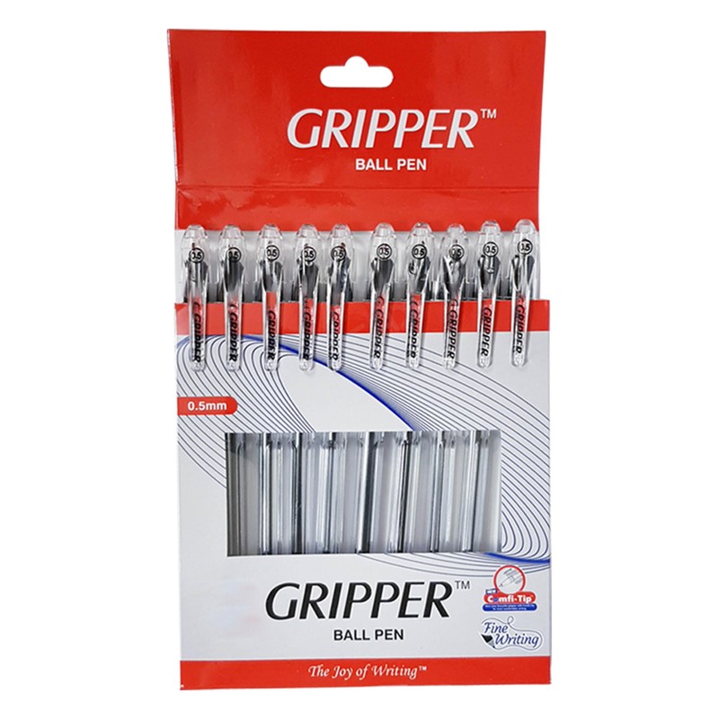 Gripper Ballpoint Pens, BLACK, Fine Point (0.5mm), Pack of 10,