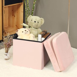 B FSOBEIIALEO Velvet Storage Ottoman with Seat Back, Folding Storage Chair for Living Room, Space-Saving Room Organizer Cubes, Toy Chest Storage Cubes Box (Pink, Medium)