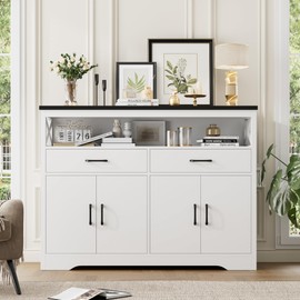 HOSTACK 47" Modern Farmhouse Sideboard Buffet Cabinet, Wood Buffet Storage Cabinet with Drawers & Shelves, Large Coffee Bar with Storage, Microwave Stand for Kitchen, Living Room, White Black