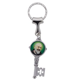 VILLAGE GIFT IMPORTERS Saint Padre Pio and Our Lady of Sorrows Keychain | Silver-Tone Key Shape with Full Color Images | Great Catholic Accessory (Kelly Green)