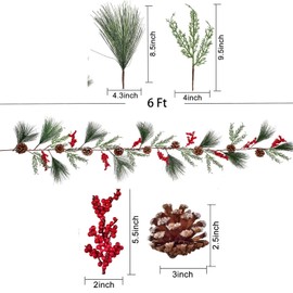 DearHouse 6FT Berry Pine Christmas Garland with Spruce Cypress Berries Frosted Pinecones Winter Artificial Greenery Garland for Holiday Season Mantel FireplaceTable Runner Centerpiece New Year Decor