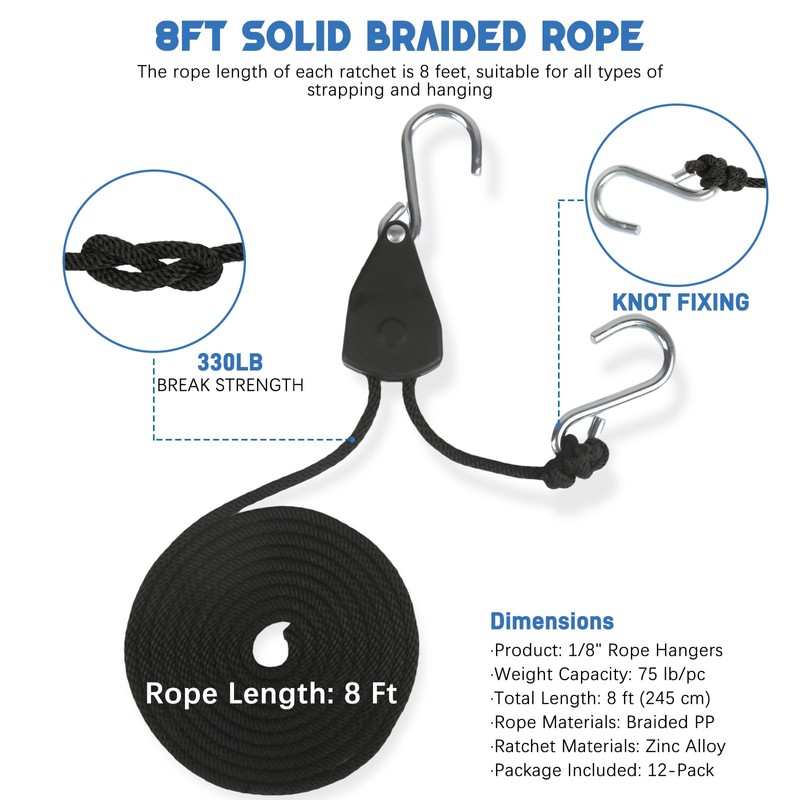 12-Pack 1/8" Adjustable Rope Hanger, Heavy Duty Retractable Ratchet Tie