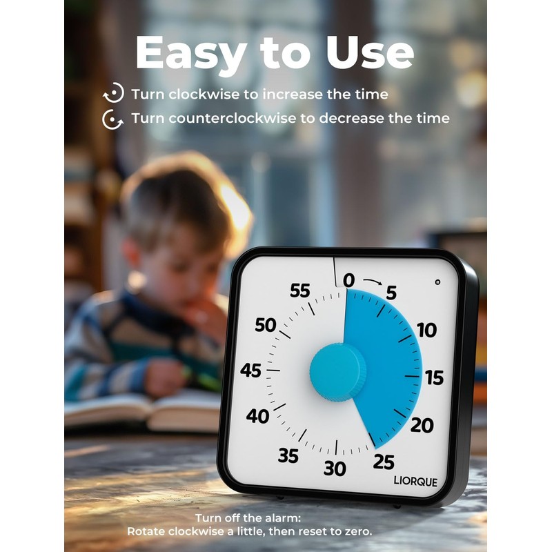 LIORQUE 60 Minute Visual Timer for Kids and Adults, Non-Ticking