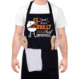 upain Barbecue Apron Cooking Apron Kitchen Apron Here Grillt der Chef Personal, Funny Apron BBQ Cooking Apron Cotton Kitchen Apron Adjustable Neck Strap Two Front Pockets for Men, multicoloured