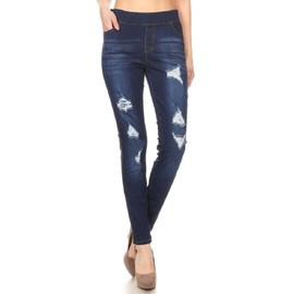 Women's Stretch Pull-On Jeans Skinny Ripped Distressed Denim Jeggings Regular-Plus Size, Dark Denim, Large