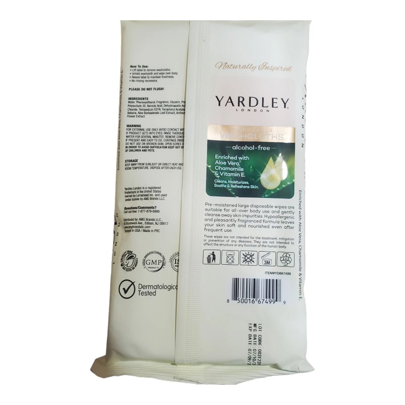 Yardley London Disposable Washcloths (4) 18ct Large Wipes Aloe Chamomile