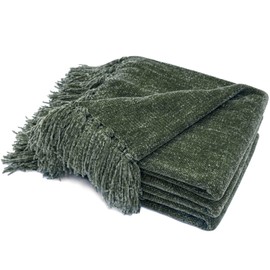 RECYCO Throw Blanket Soft Cozy Chenille Throw Blanket with Fringe Tassel for Couch Sofa Chair Bed Living Room Gift (Dark Green, 60" x 80")