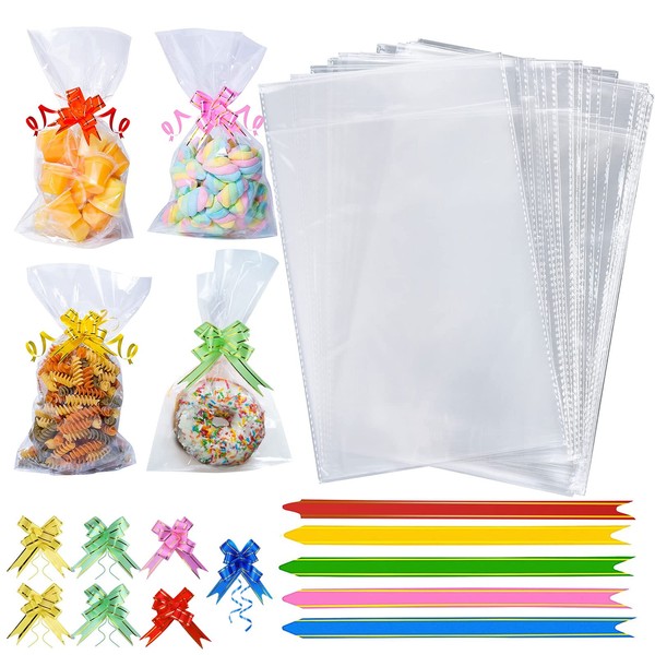 Cellophane Bags, 50PCS Sweet Bags Empty 25x15cm Clear Cookie Bags with Mix Colors Pull Bows, Resealable Plastic Party Bag Sweets for Gifts, Cookie, Baking, Displaying and Party