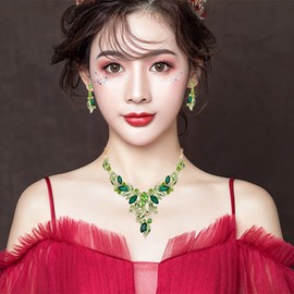 chaoyite Leaf Shape Bridal Costume Jewelry for Bride Wedding Necklace Earrings Bracelet Ring Sets Prom Dress Accessories, Copper Alloy, Crystal Rhinestone