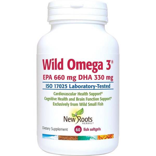 NEW ROOTS HERBAL Wild Omega-3, 900mg, EPA 600mg DHA 330 mg (60 Softgels) standardized to The Highest Concentration. + Vitamin E. Supports Heart Health & Joint Health.