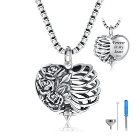 Zepmais Heart Shape Rose Rib Cage Urn Necklaces for Ashes 925 Sterling Silver-Gothic Cremation Jewelry Memorial Gifts for Women