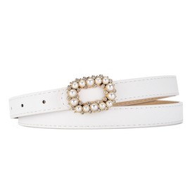 COTIM COYIN Women's Belt Elegant Pearl Shiny Rhinestone Rectangle Buckle Belt, Skinny Leather Adjustable Belt, White, 1.9*105cm/0.75*41.34inches