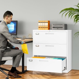 3 Drawer Lateral File Cabinet with Lock,White Lateral Filing Cabinet,Horizontal Metal Filing Cabinet,Locked Wide Three Drawer File Cabinet for Office Home,Fit A4/F4/Letter/Legal File